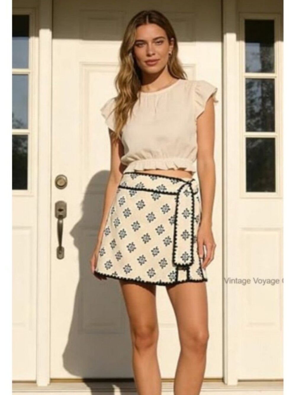 Women XS Cream Black Floral 100% Cotton Wrap Mini Skirt Tie Waist Boho